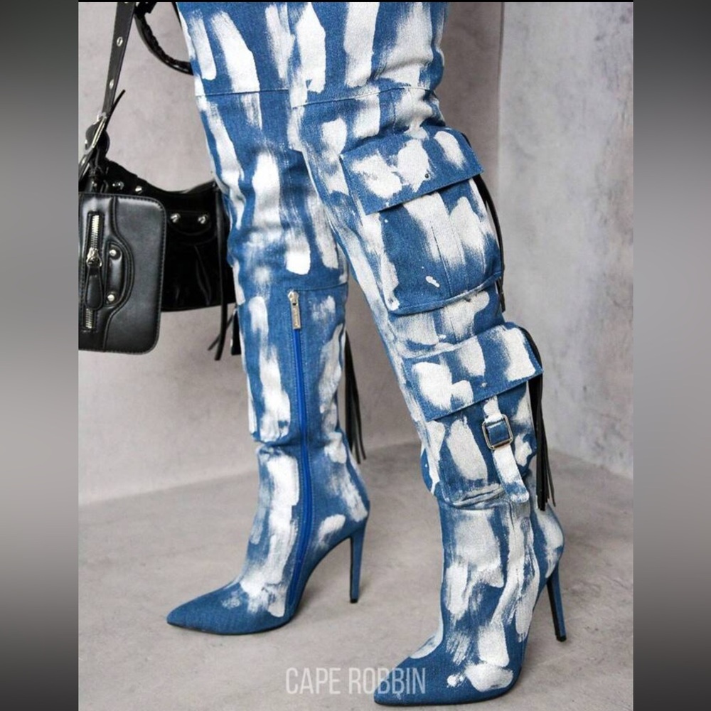 •CAPE ROBBIN• “Detroit” Thigh-High Denim Metallic Cargo Boots - Silver // NIB - Picture 4 of 16